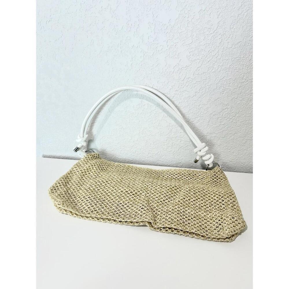 NEW Womens Handbag Straw Woven Beach Bag Biege White Knot Handle Lightweight - Picture 4 of 6
